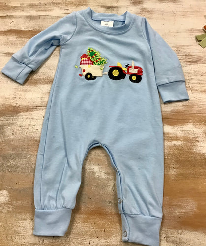 Blue Christmas Tractor Romper